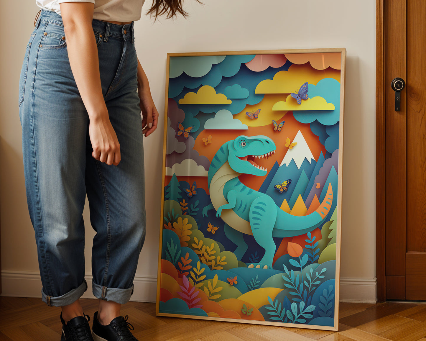 Person standing next to a colorful dinosaur painting on a wall.