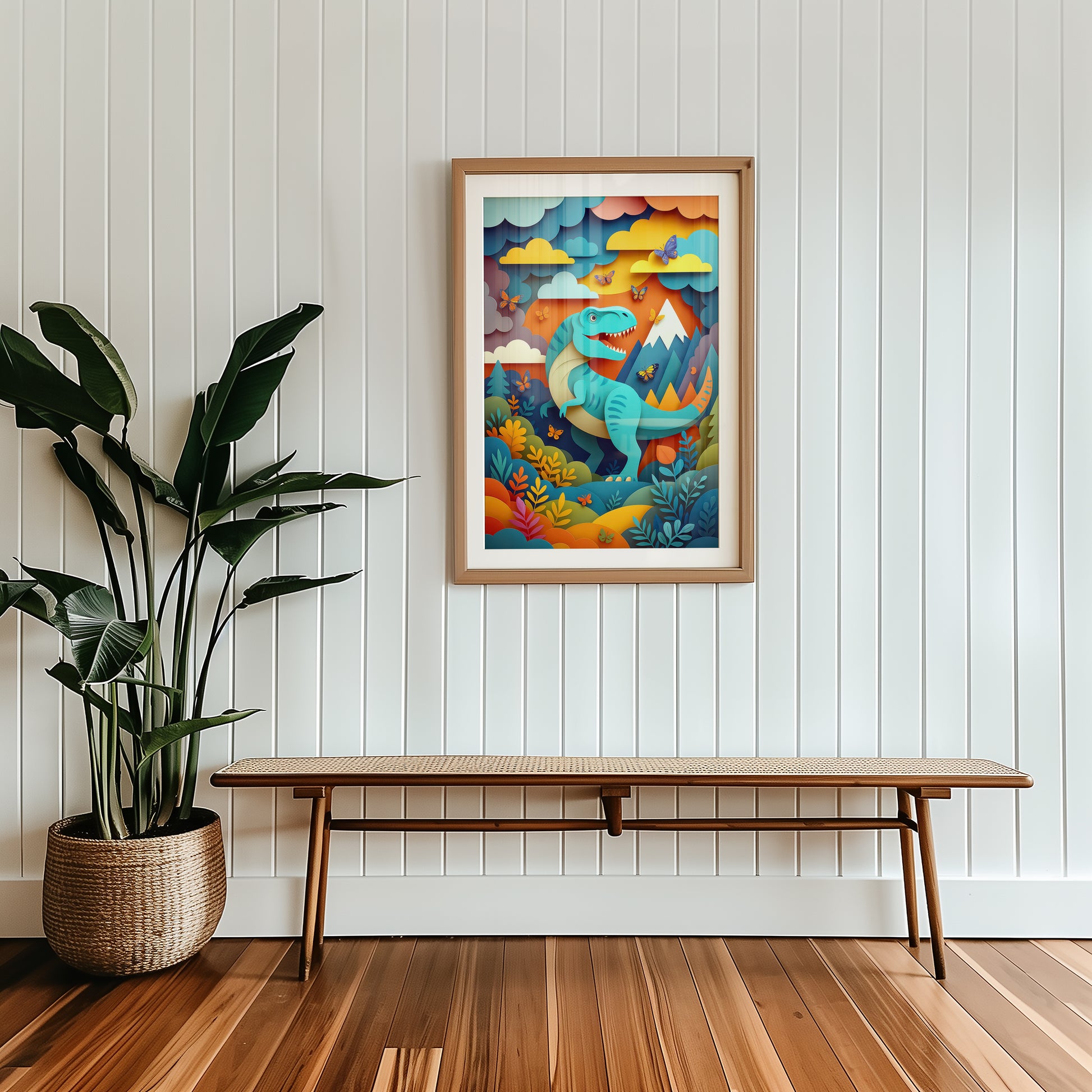 Colorful dinosaur artwork on a wall above a wooden bench with a plant beside it.
