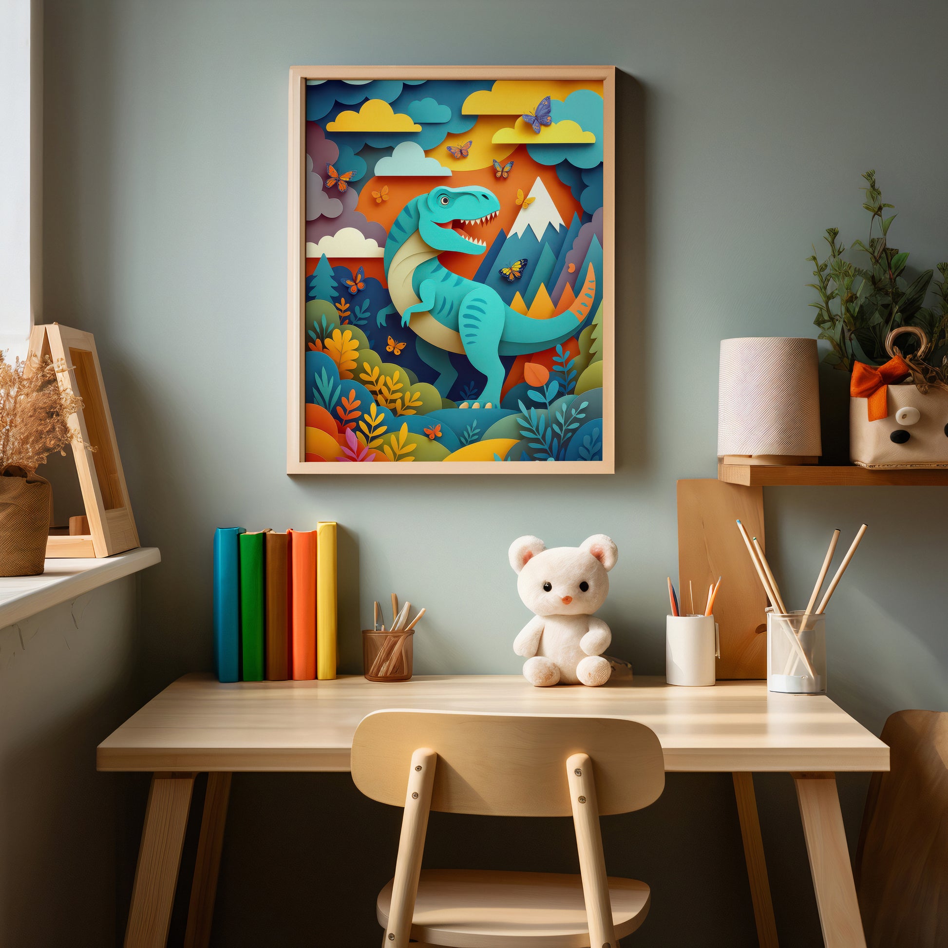 Children's room with a desk, chair, and colorful dinosaur artwork on the wall.