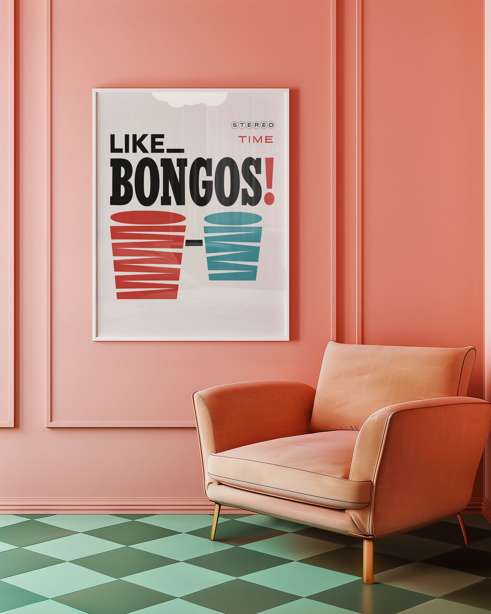 Poster with 'Like Bongos!' text on a pink wall above a peach armchair.