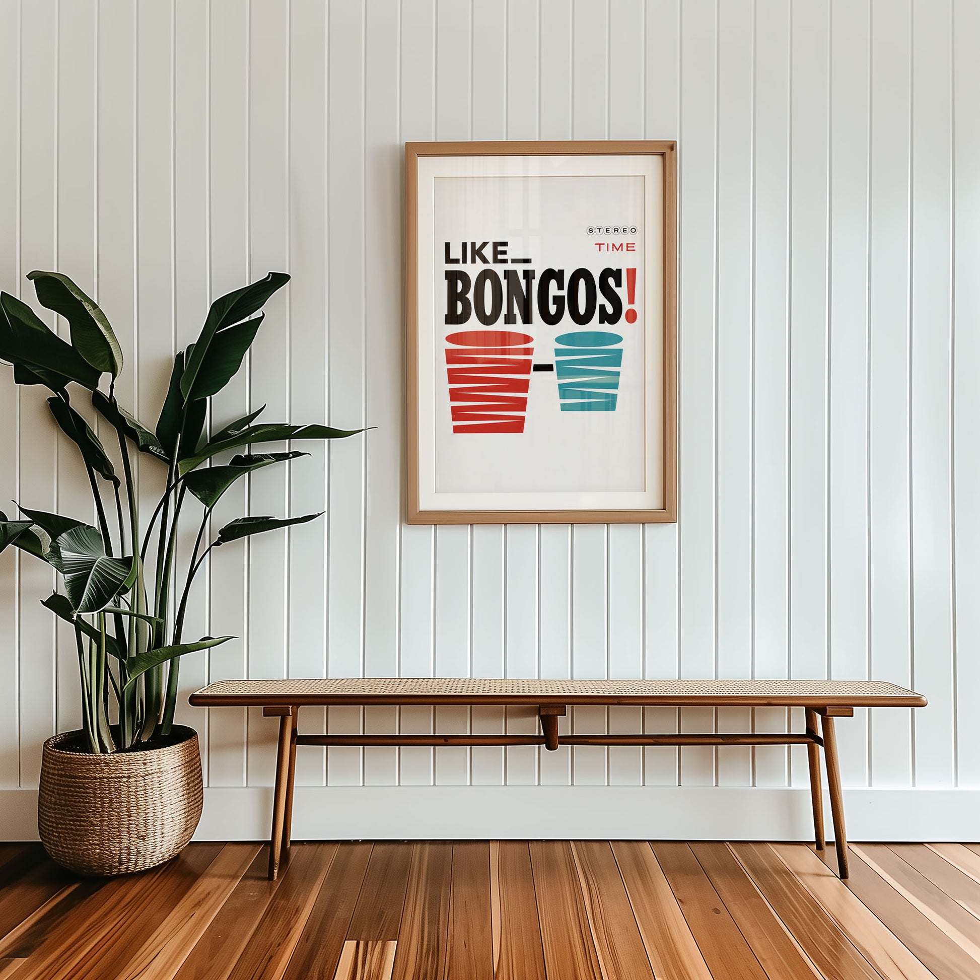 Framed mid-century style wall art print styled against minimalist interior wall