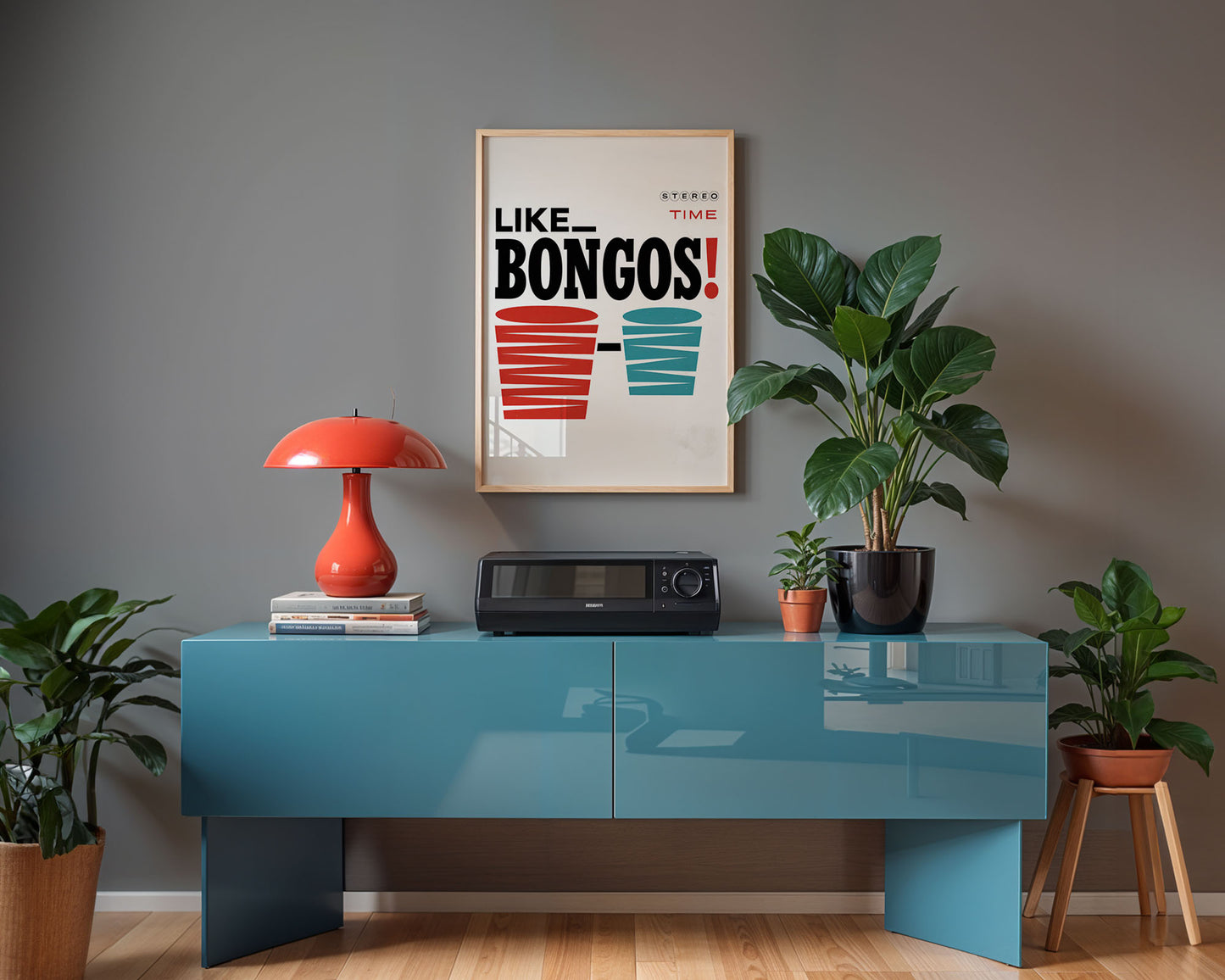Modern weird Jazz interior with a blue console table, red lamp, and framed poster on a gray wall.