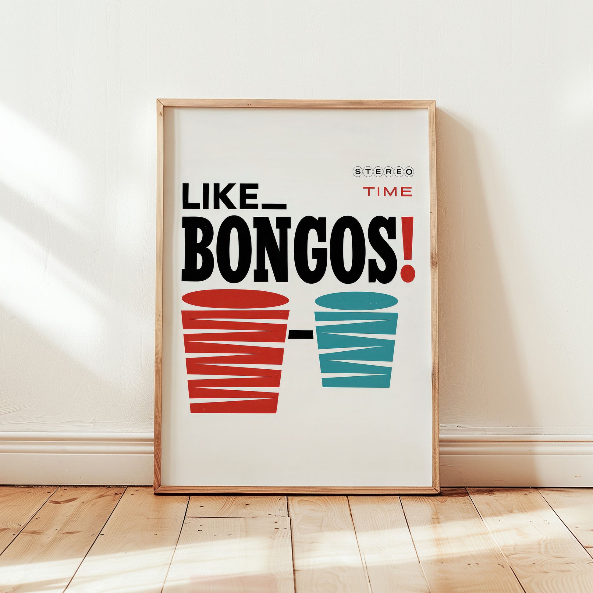 Retro bongo drums wall art poster featuring bold typography and mid-century modern red and teal design from Wallgarde
