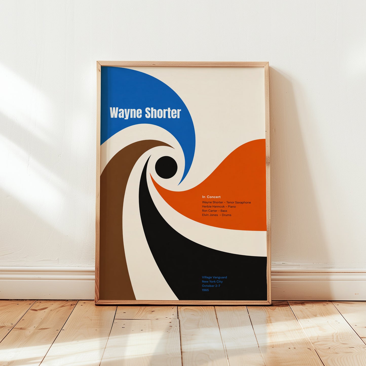 Abstract Wayne Shorter jazz concert poster featuring flowing blue, orange, and black shapes, 1965 Village Vanguard performance with modernist mid-century design