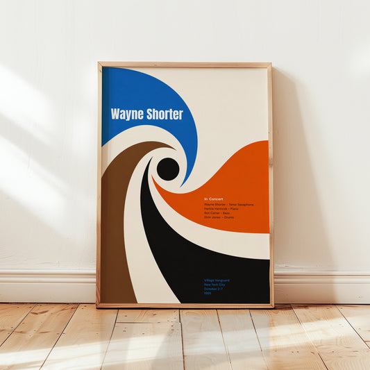 Abstract Wayne Shorter jazz concert poster featuring flowing blue, orange, and black shapes, 1965 Village Vanguard performance with modernist mid-century design
