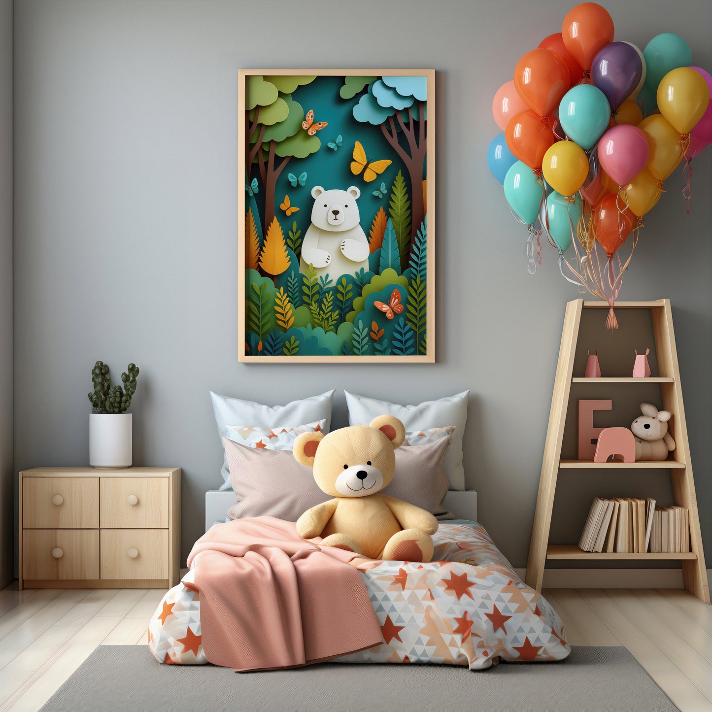Children's room with Woodland Bear Nursery Wall Art Print colorful balloons,.