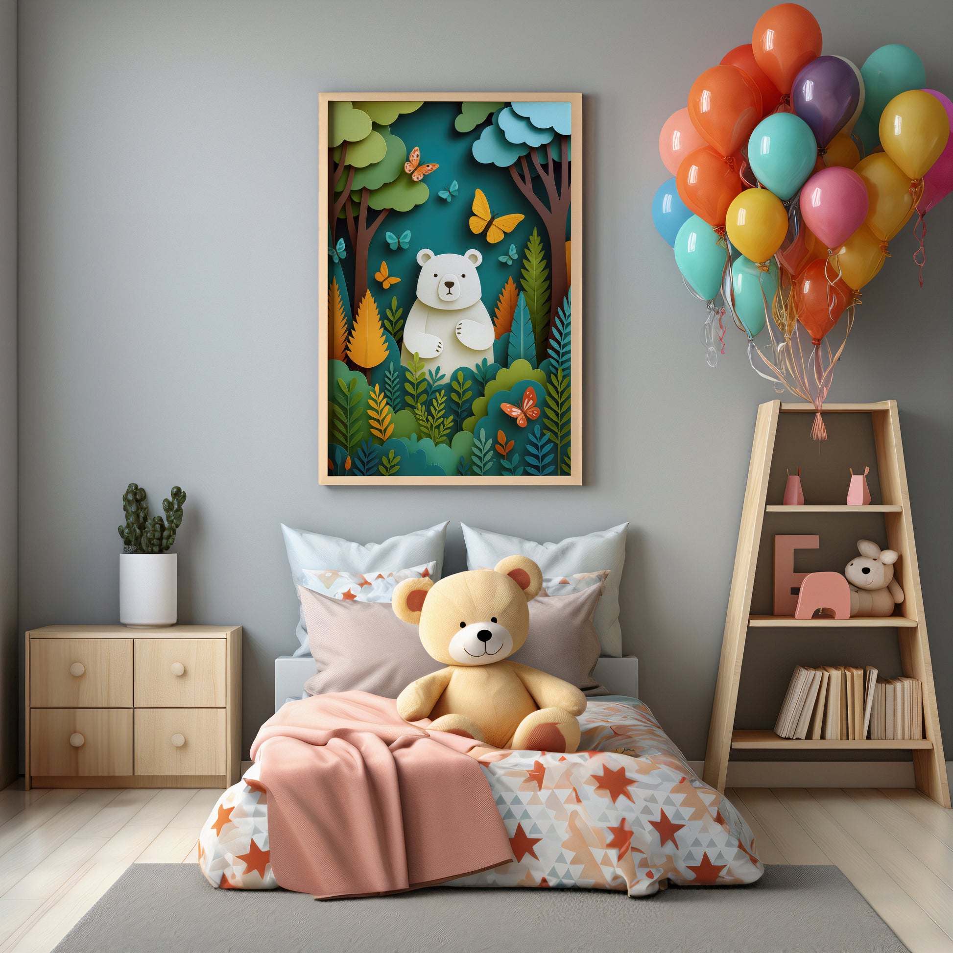Children's room with Woodland Bear Nursery Wall Art Print colorful balloons,.