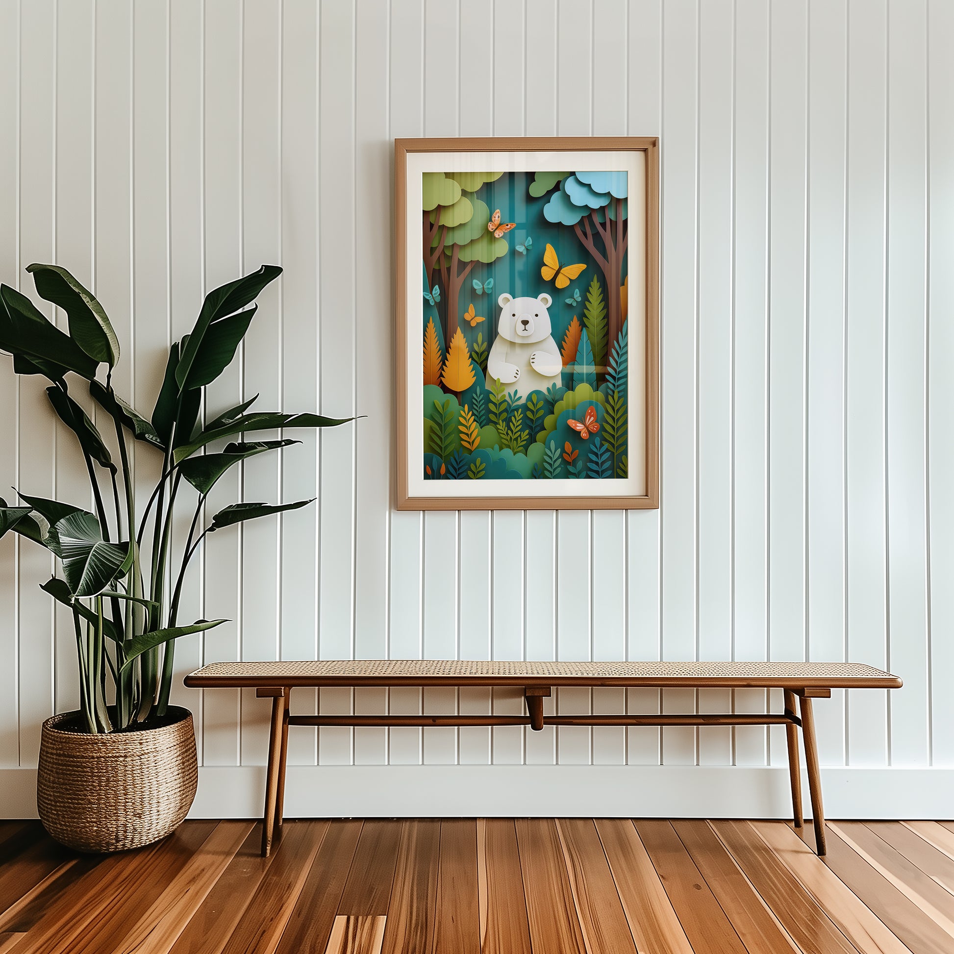Colourful woodland bear nursery wall art print with butterflies and forest illustration.