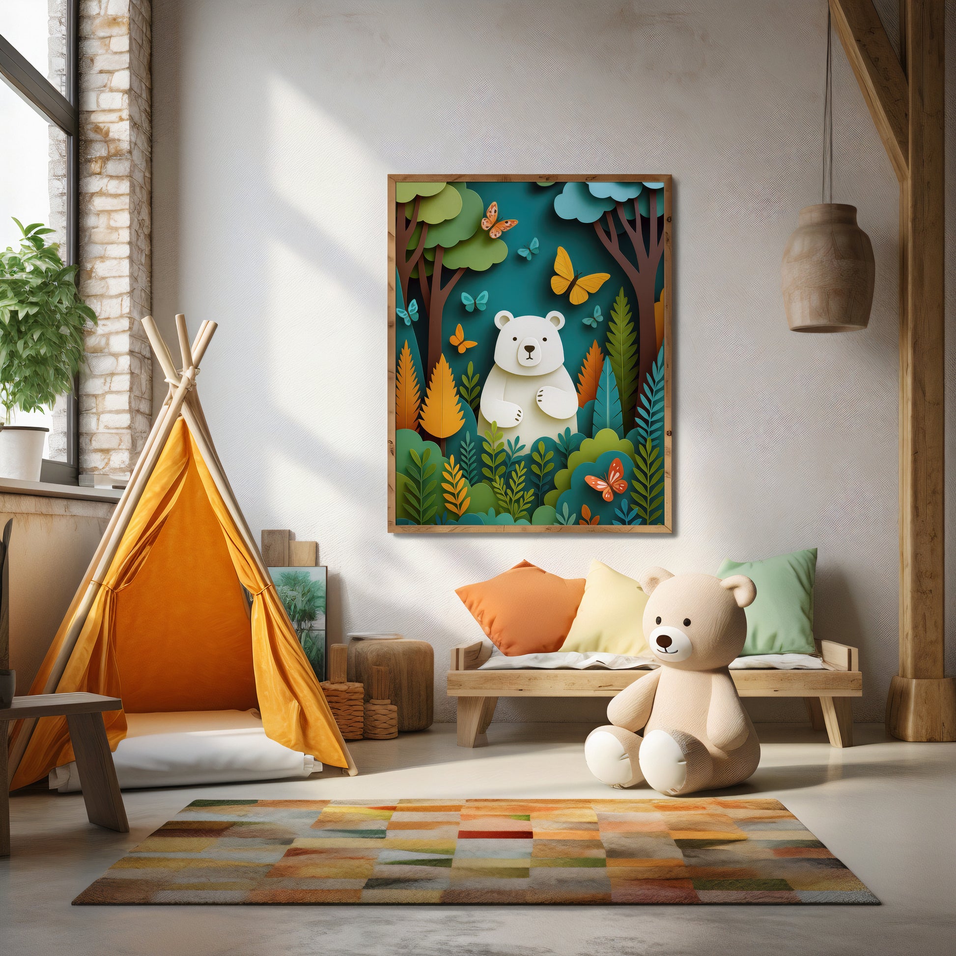 Children's room with a teddy bear, teepee, and forest-themed wall art.
