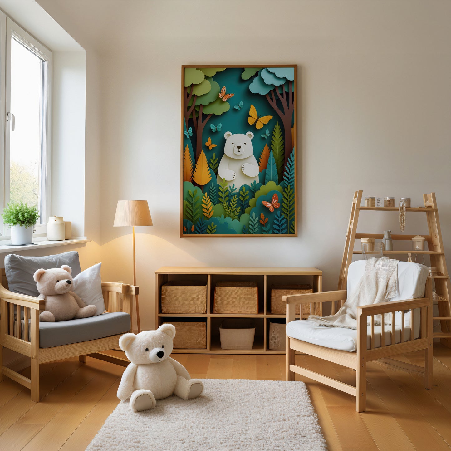 Children's room with wooden furniture, teddy bear, and wall art of a bear in a forest.