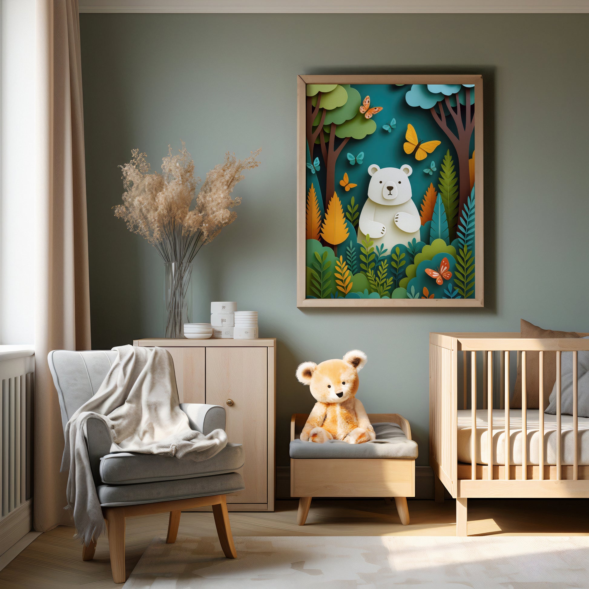 Nursery room with a crib, chair, and wall art featuring a bear in a forest.
