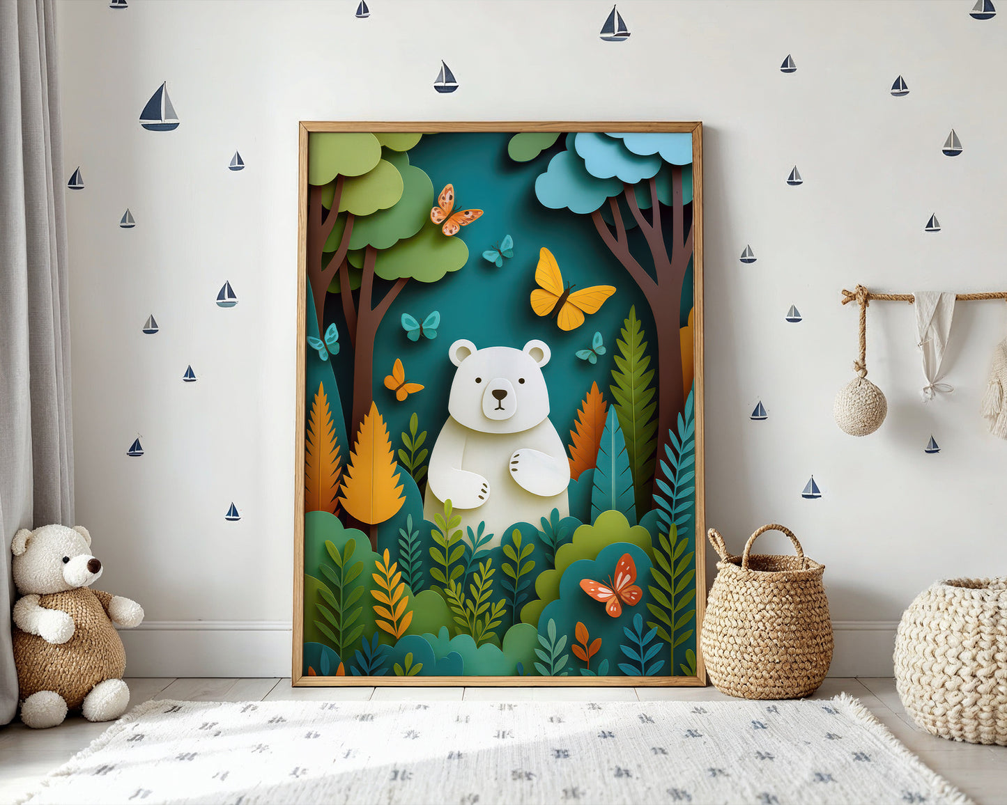 Kid nursery  room with a framed artwork of a bear in a forest, teddy bear, and woven basket.