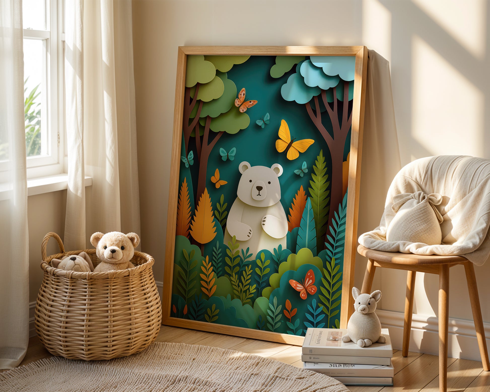 Children's room with a framed forest scene, teddy bears, and a chair.