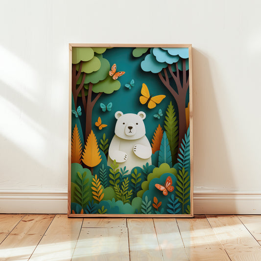 Colourful bear nursery wall art print featuring cute woodland bear with butterflies and layered paper-cut forest illustration.