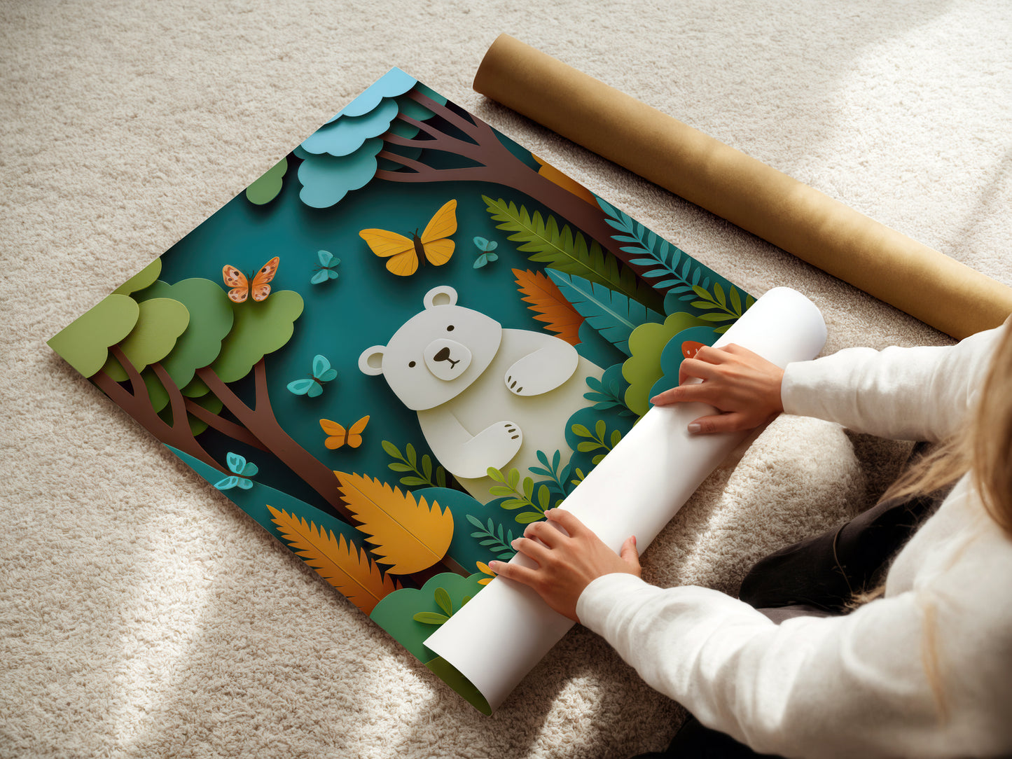Kid unrolling a colorful children's rug with a bear design on a carpeted floor.