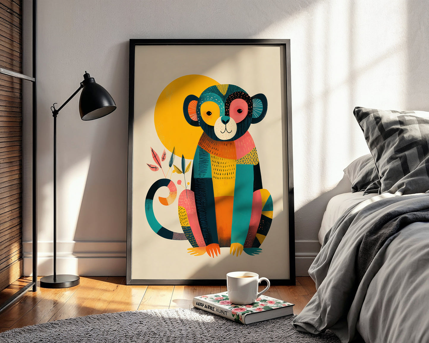 Mid-century modern poster styled in clean Scandinavian inspired  bedroom living space