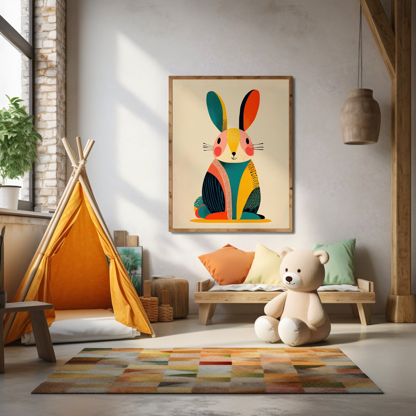 Scandinavian Rabbit Print – Modern Geometric Nursery Wall Art