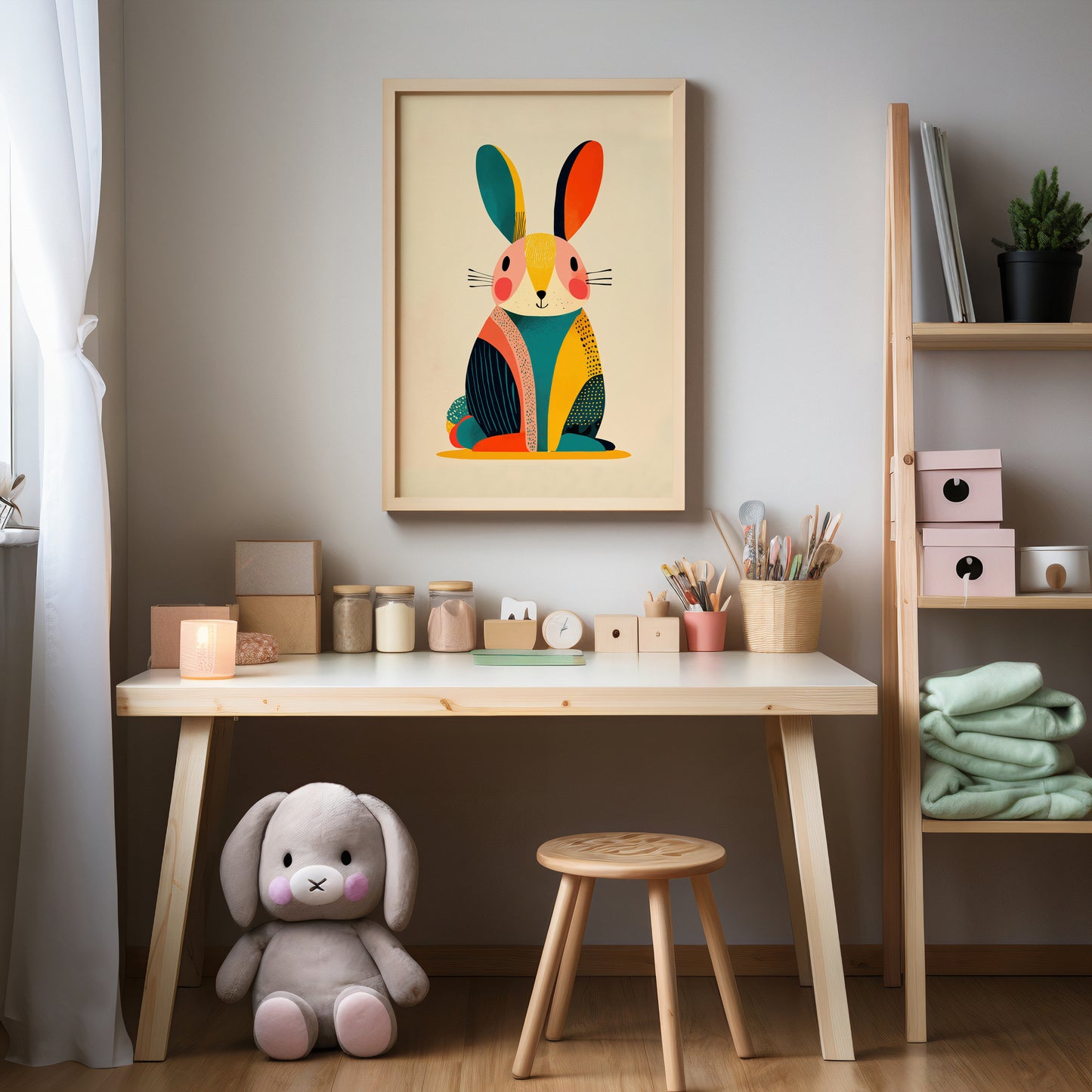 Scandinavian Rabbit Print – Modern Geometric Nursery Wall Art