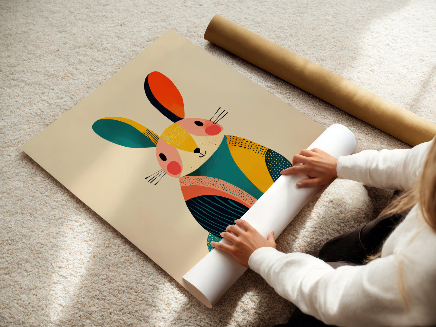 Scandinavian Rabbit Print – Modern Geometric Nursery Wall Art