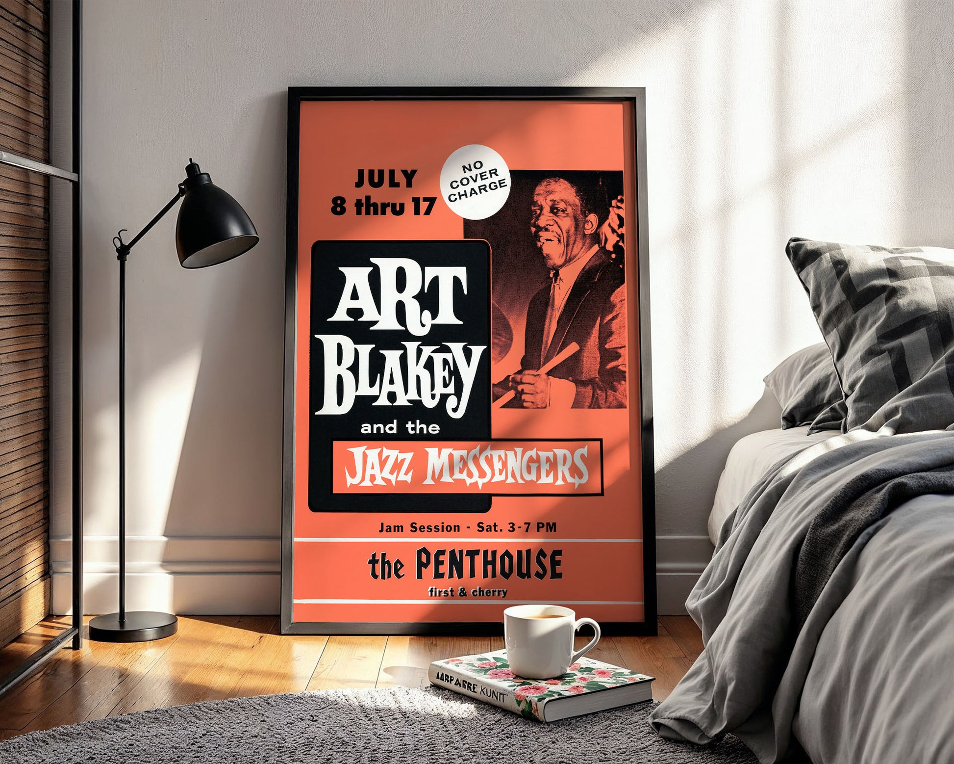 Framed jazz poster of Art Blakey and the Jazz Messengers in a bedroom setting.