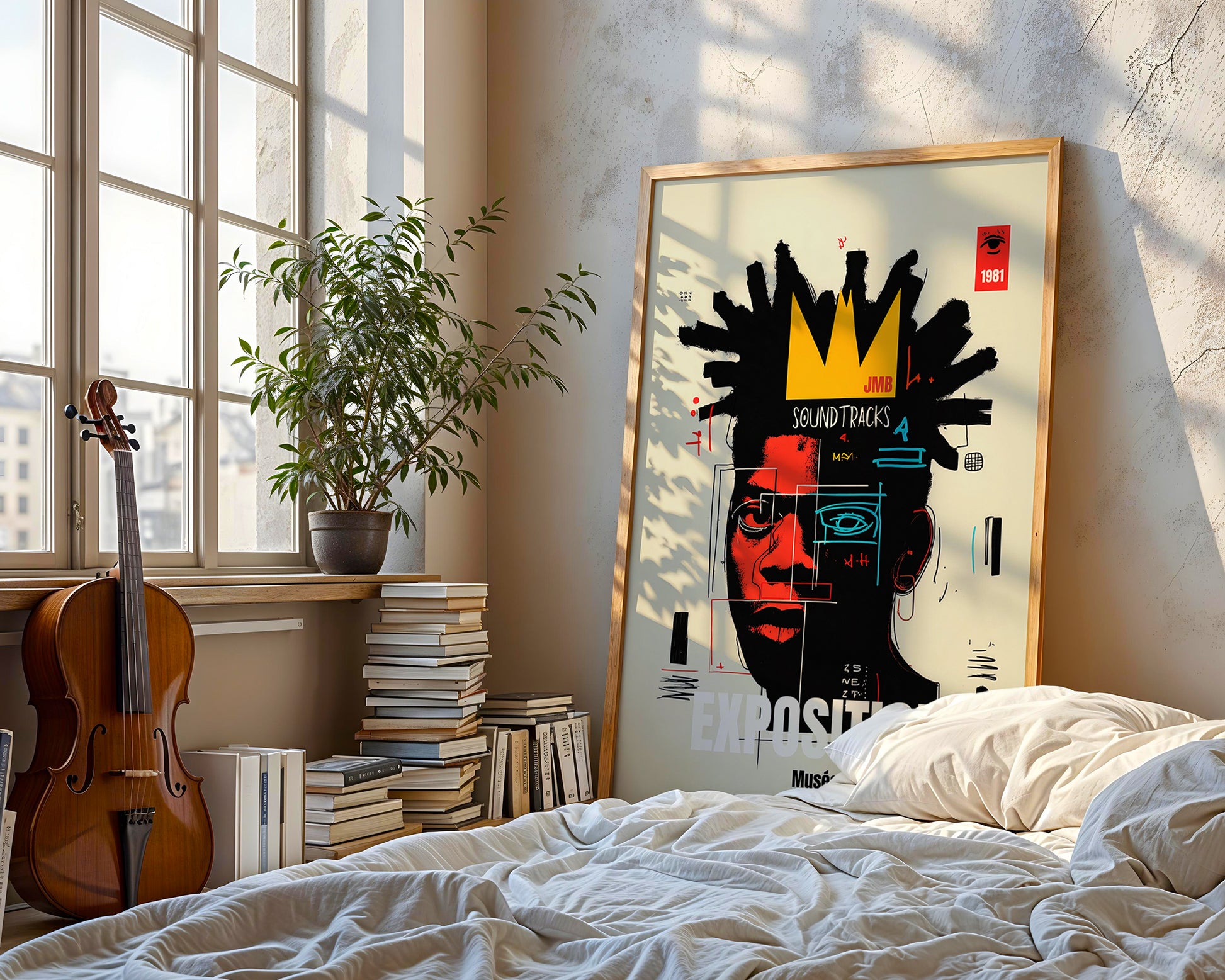 Framed artwork on a wall above a bed with a violin and books in a vintage Paris loft appartment