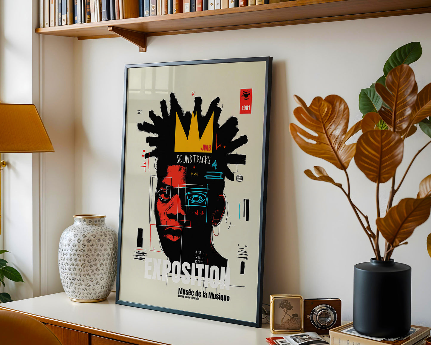Framed artwork on a wall with decorative elements like a lamp, plant, and vases.