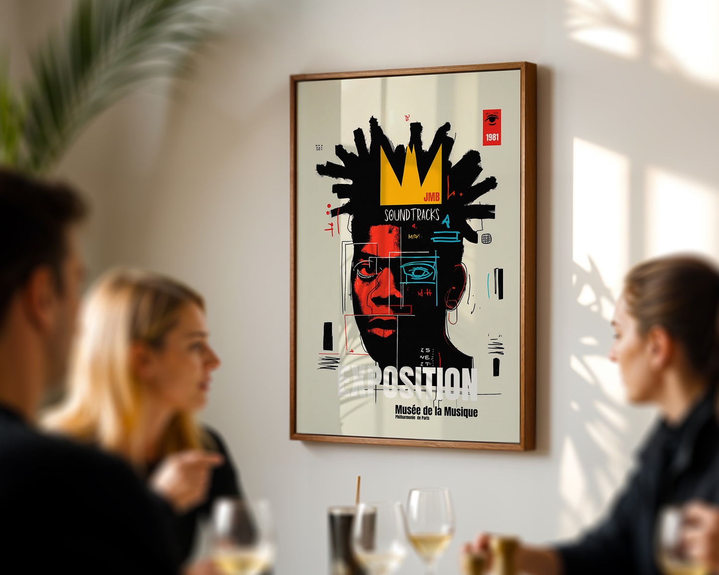 French artwork of a stylized face with a crown in a modern Paris  interior setting.