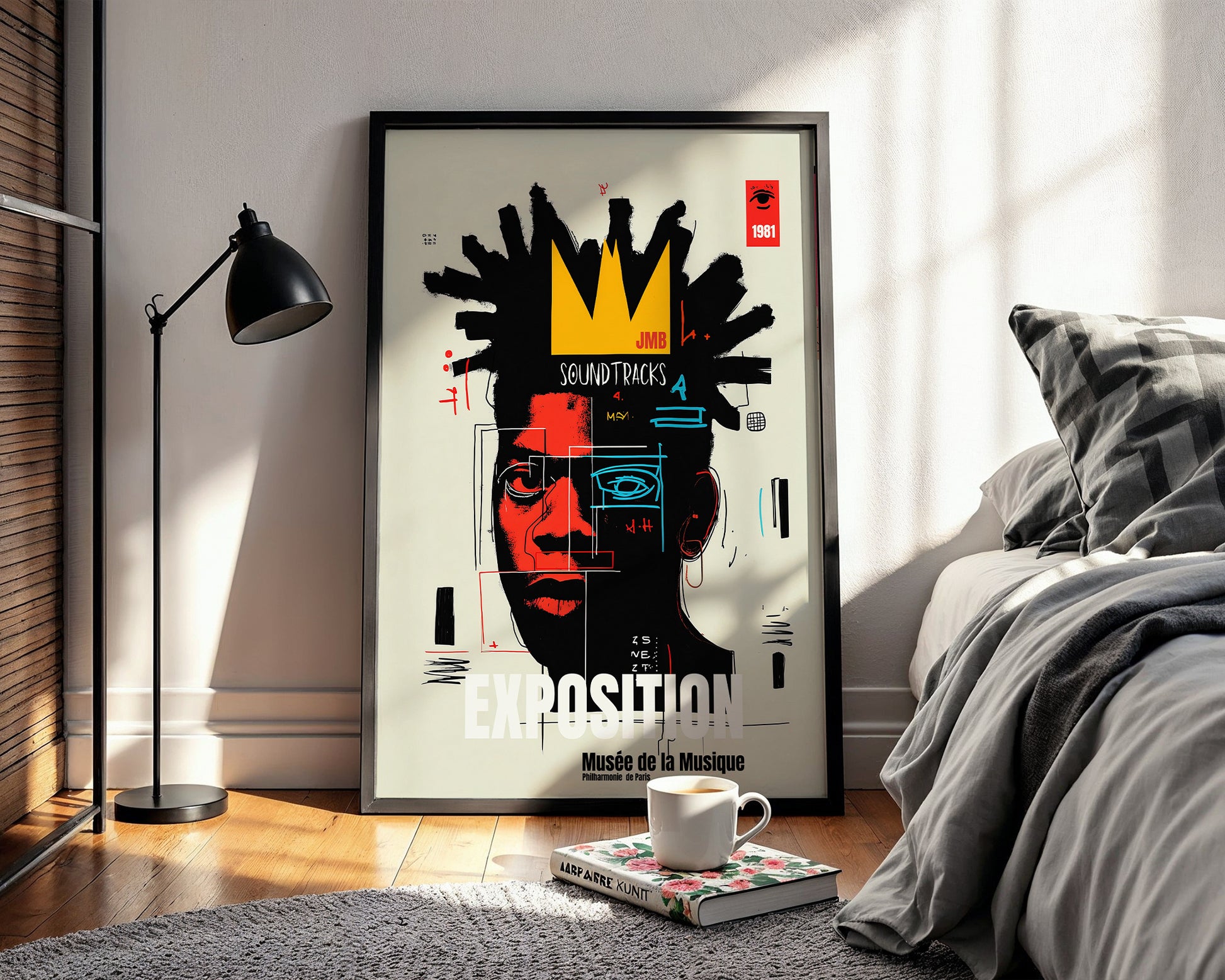 Framed  urban art poster in a  modern bedroom.