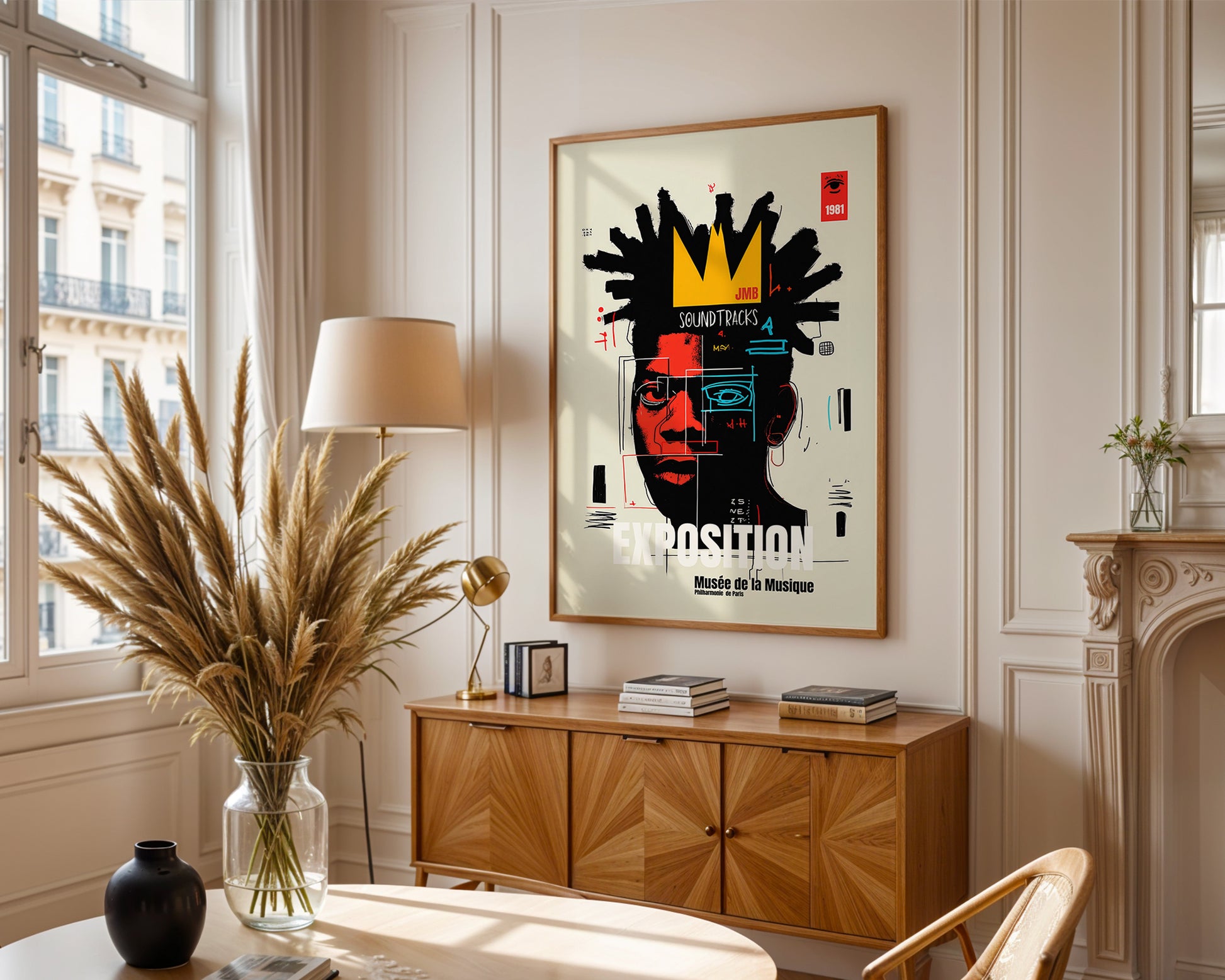 Modern parisian living room with abstract art, wooden cabinet, and decorative items.