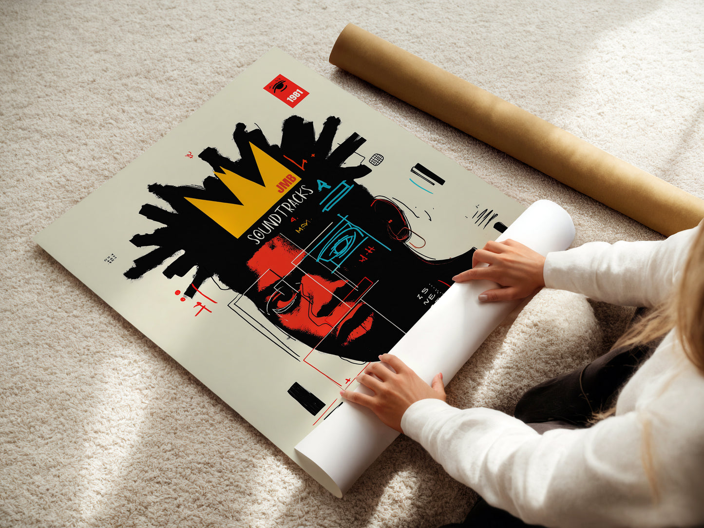 French woman unrolling a large graphic poster on a light-colored floor.