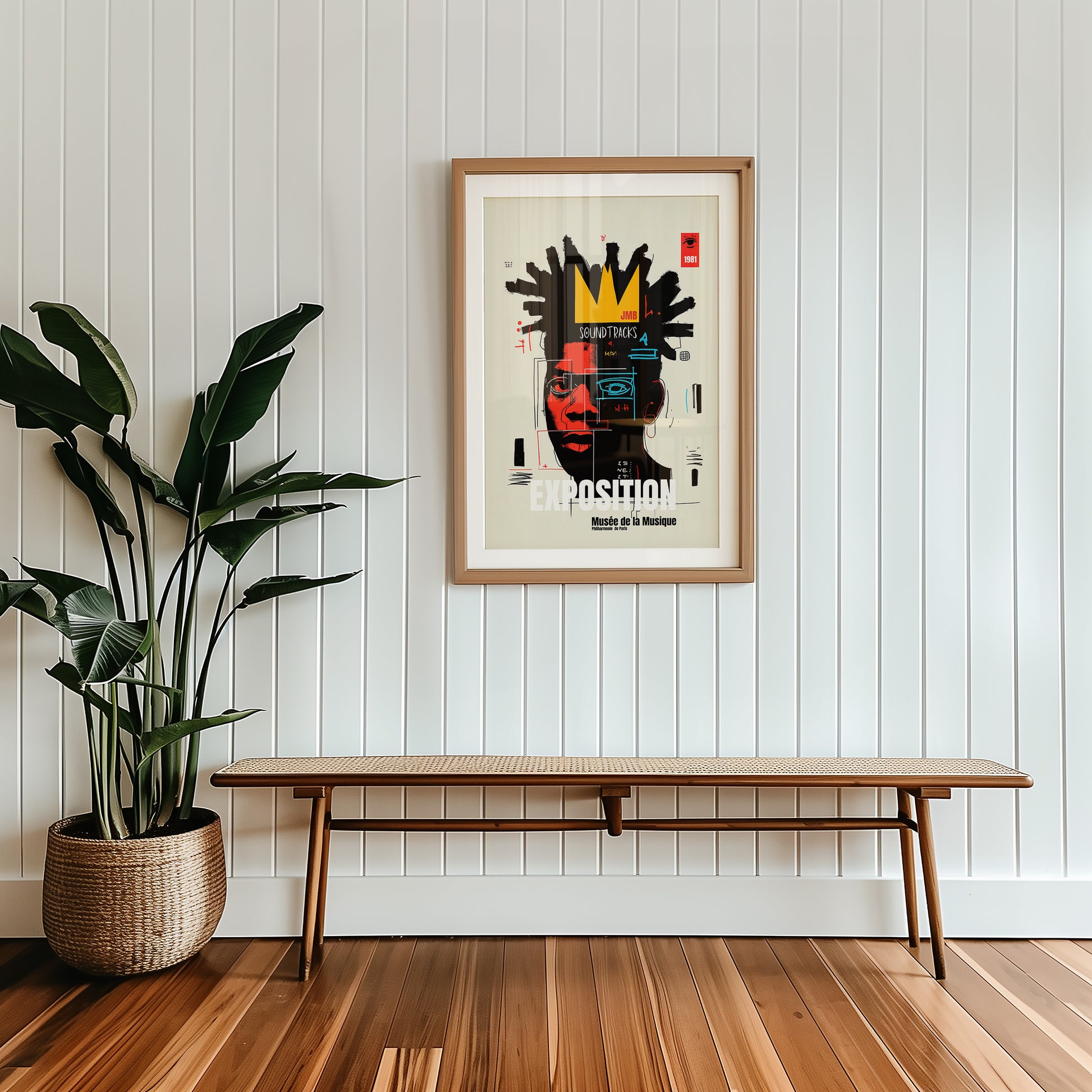 Paris exhibition poster artwork on a wall with a wooden bench and plant below.