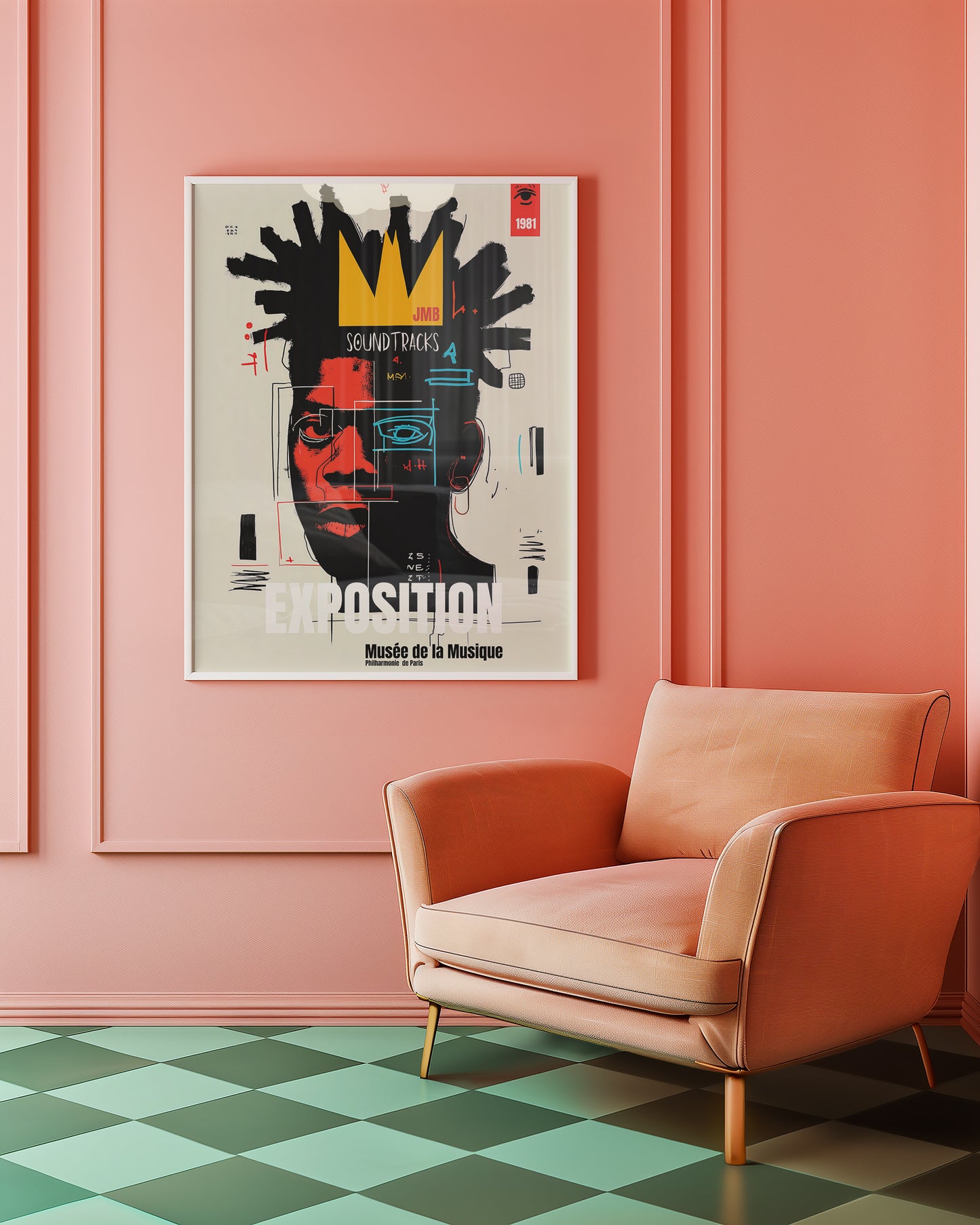 neo-expressionist-art-poster  on a pink wall above a peach armchair with a green and blue checkered floor.