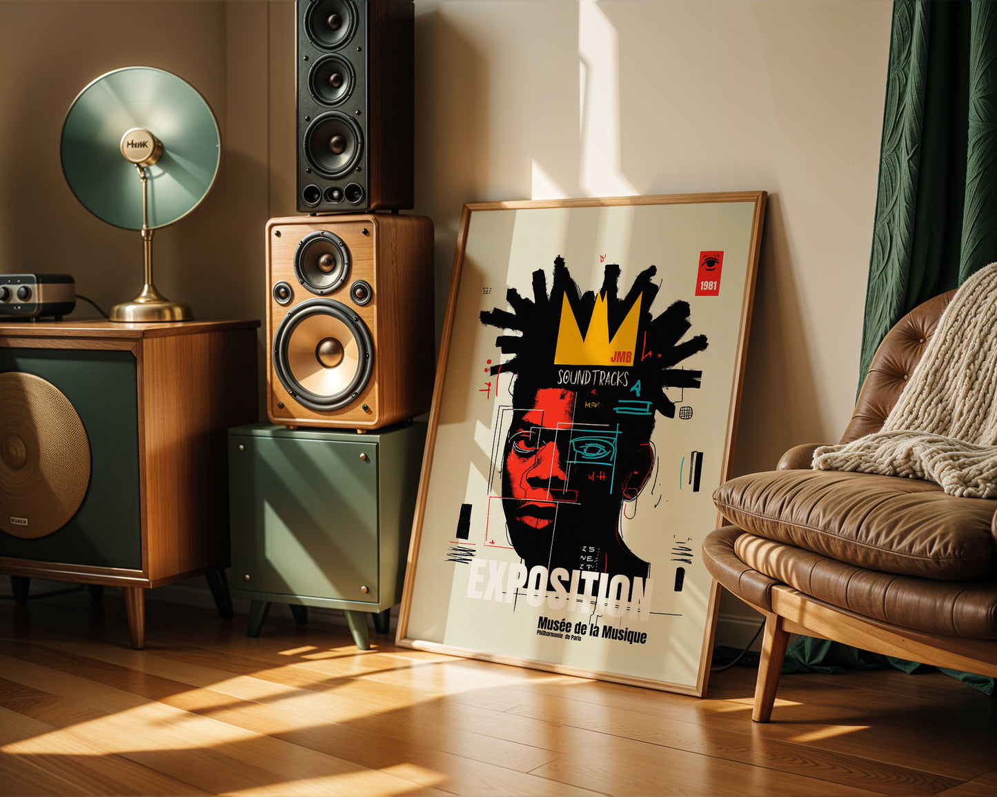 Living room with speakers, a lamp, and a basquiat style poster on the wall.