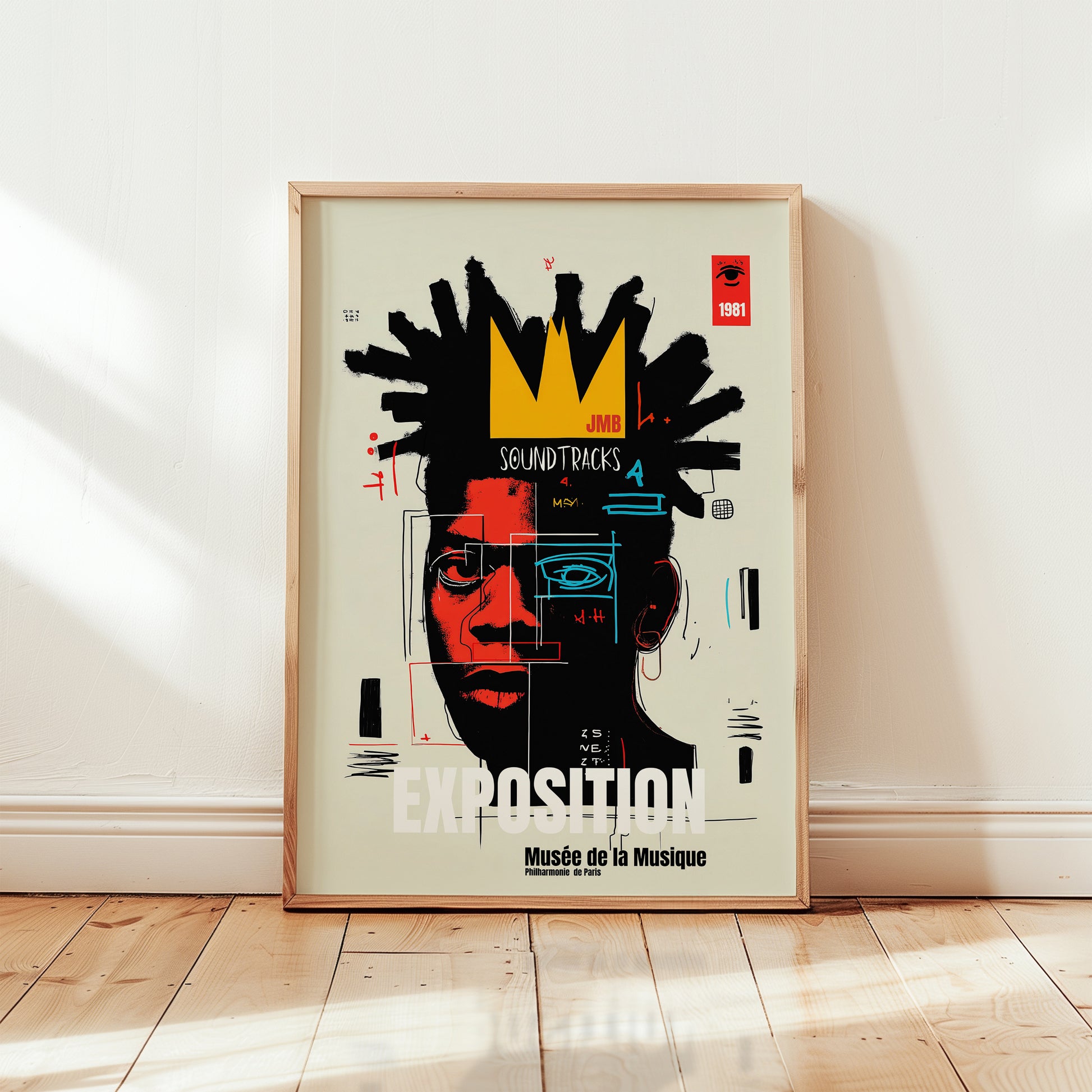 Basquiat style modern art poster with crown motif and expressive portrait