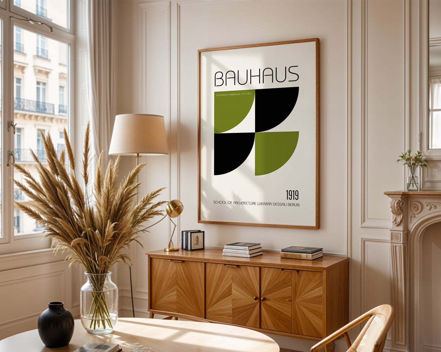 Bauhaus poster on a wall in a stylish room with decor elements.