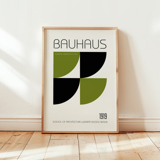 Bauhaus 1919 Quadrant Study – Olive & Black Modernist Print