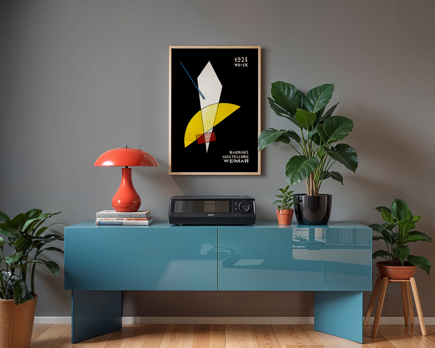 Mid-century modern bauhaus poster styled in clean Scandinavian inspired living space