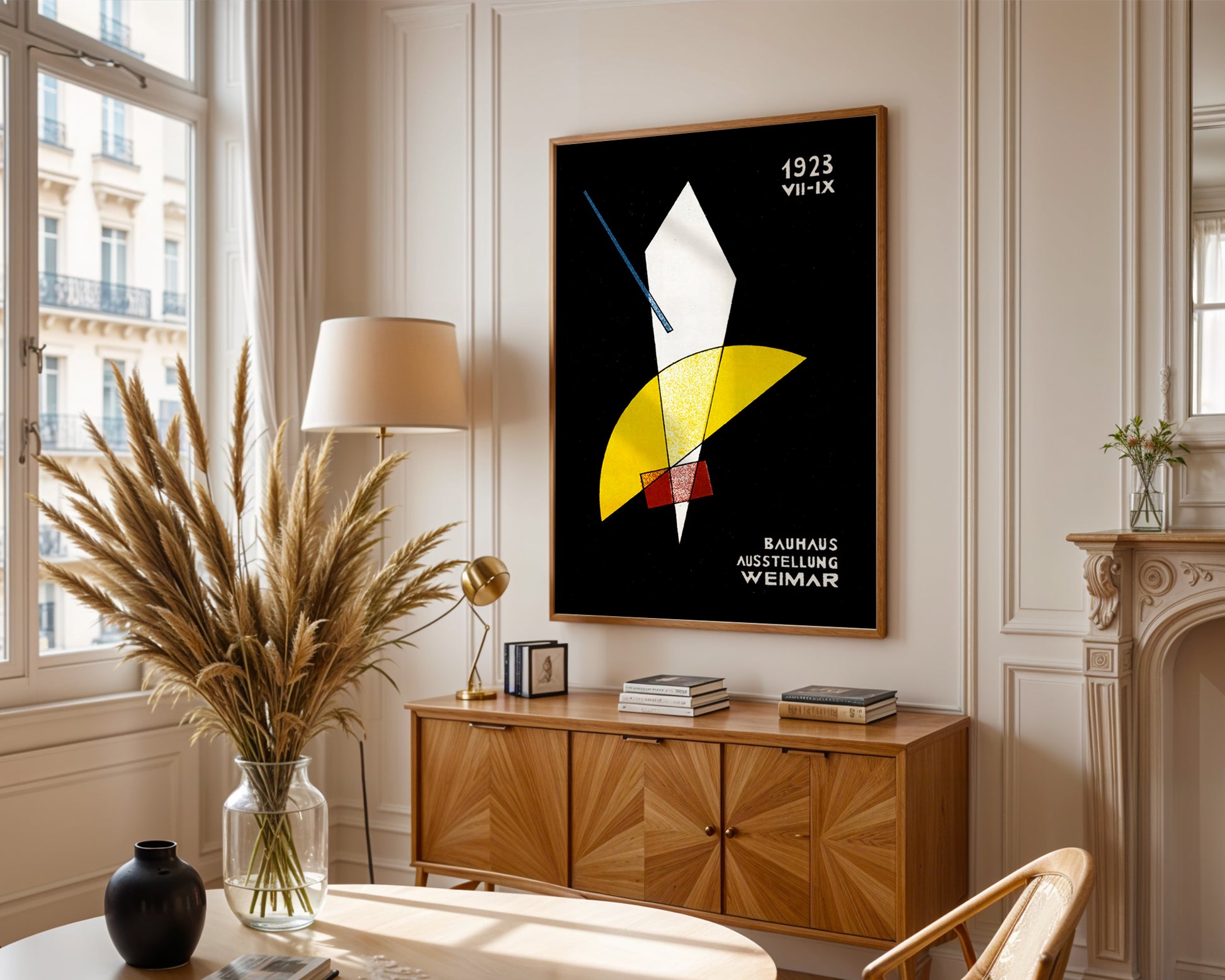 Colourful mid-century style poster adding bold accent to modern home interior