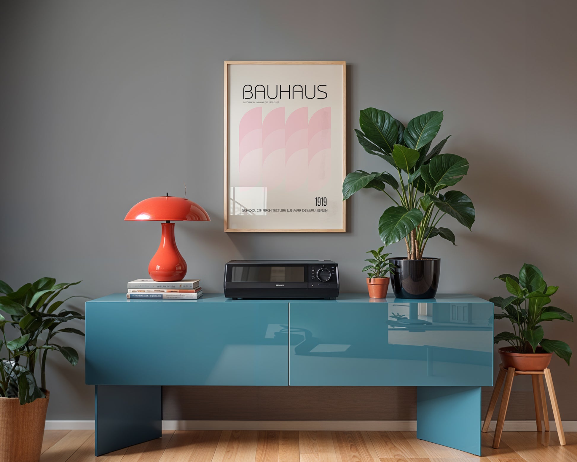 Bauhaus minimalist wall art print with pink abstract forms displayed in a modern Scandinavian-style room.