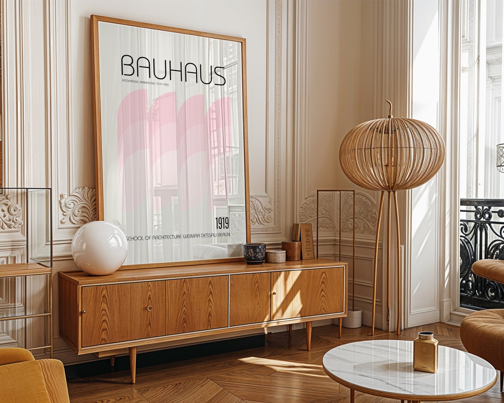 Modern living room with wooden cabinet, round table, and 'Bauhaus' poster.