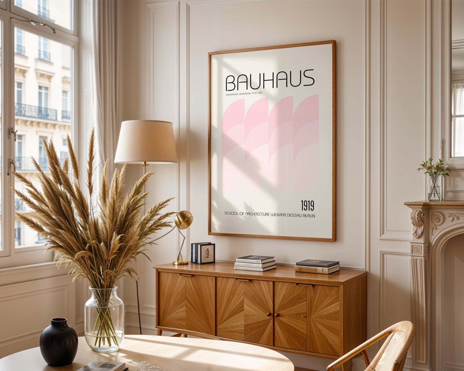 Modern interior with a 'Bauhaus' poster on the wall, wooden cabinet, and decorative items.