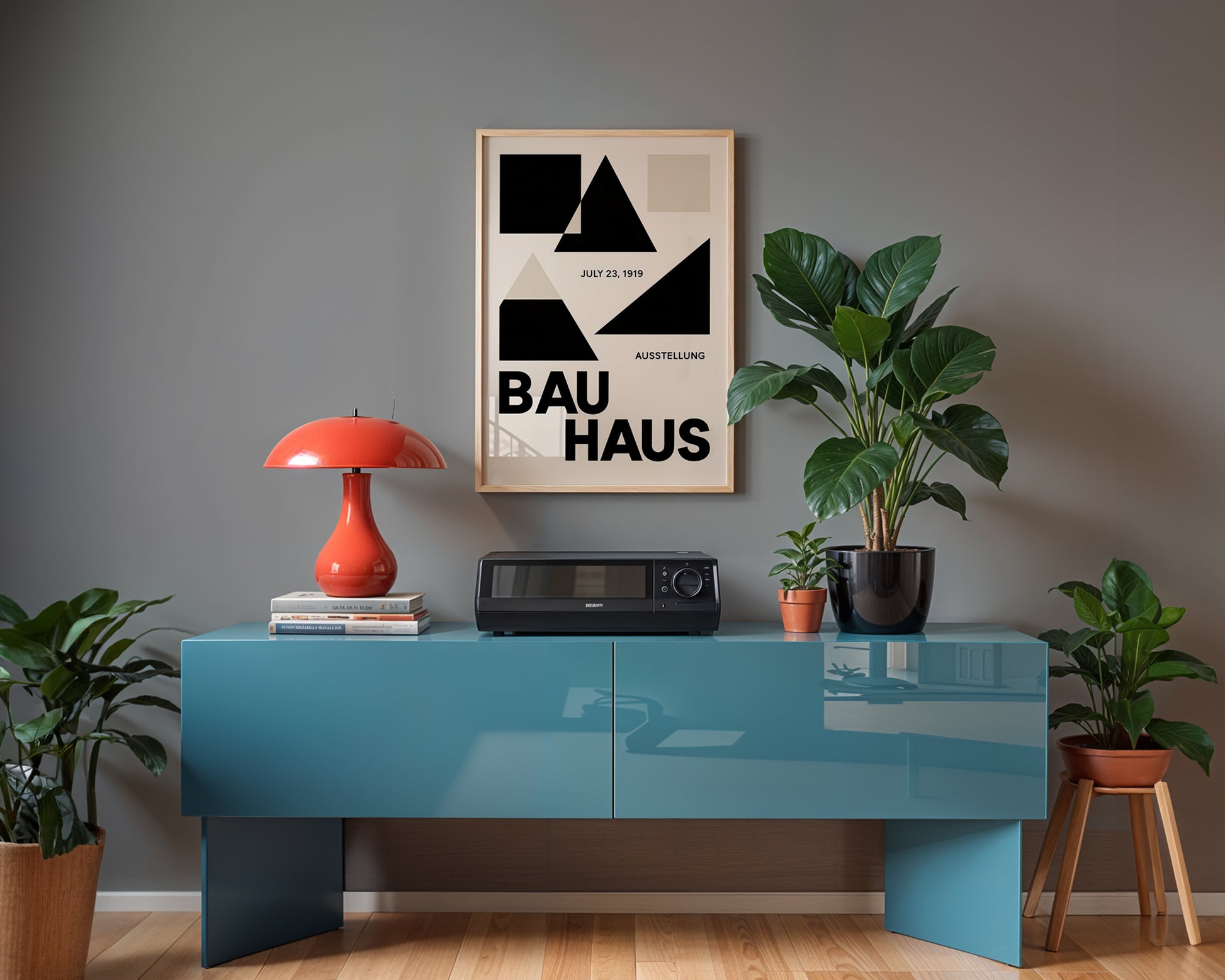 Modern interior with a blue console table, red lamp, Bauhaus poster, and plants.