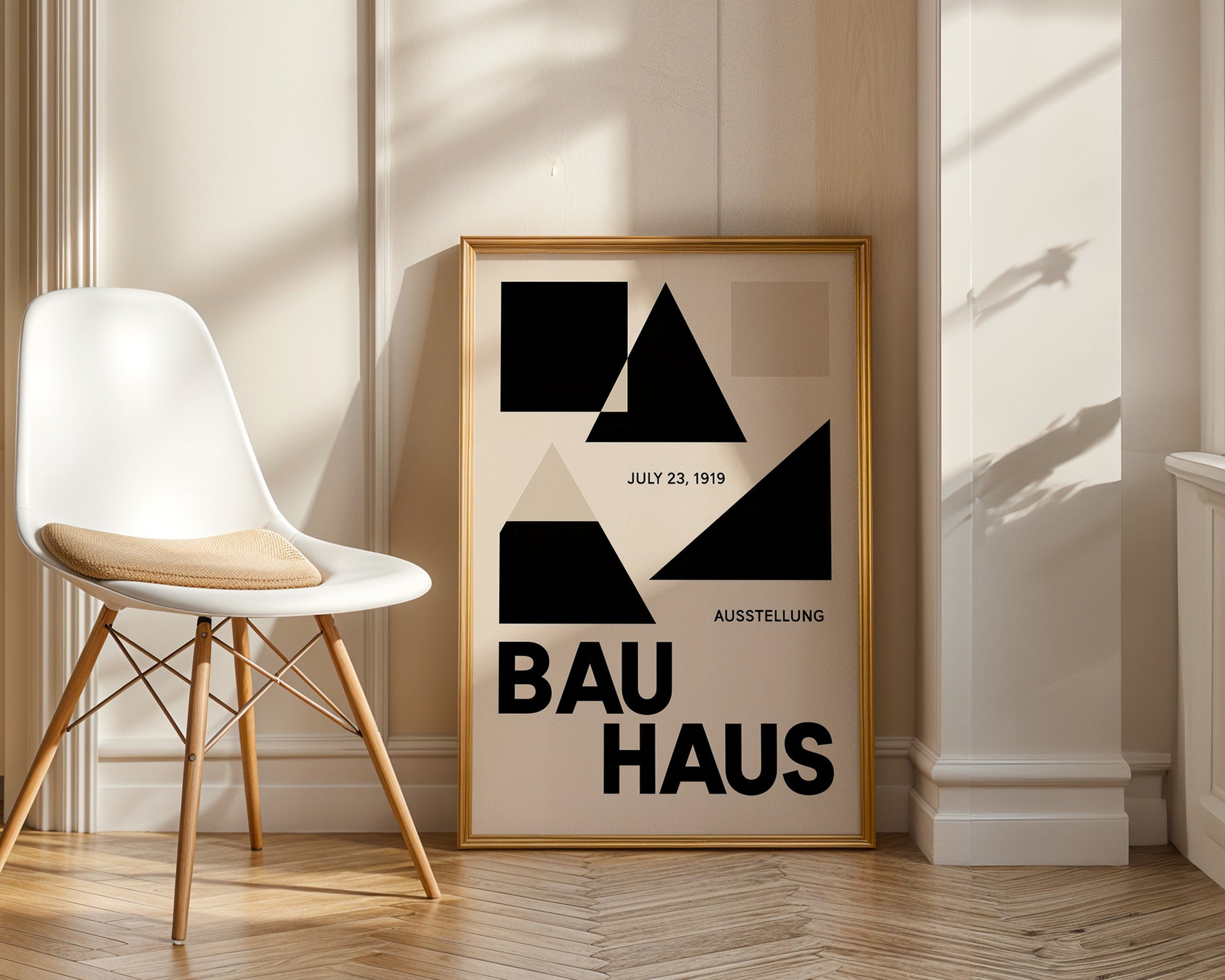 Framed Bauhaus poster on a wall with a white chair in the foreground