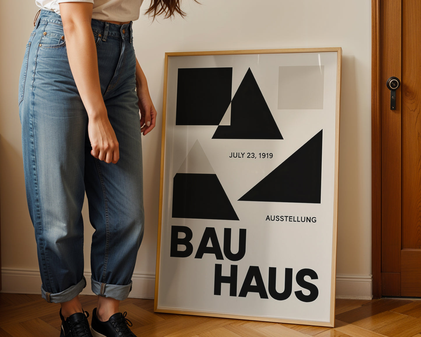 Person standing next to a framed Bauhaus poster on a wall.
