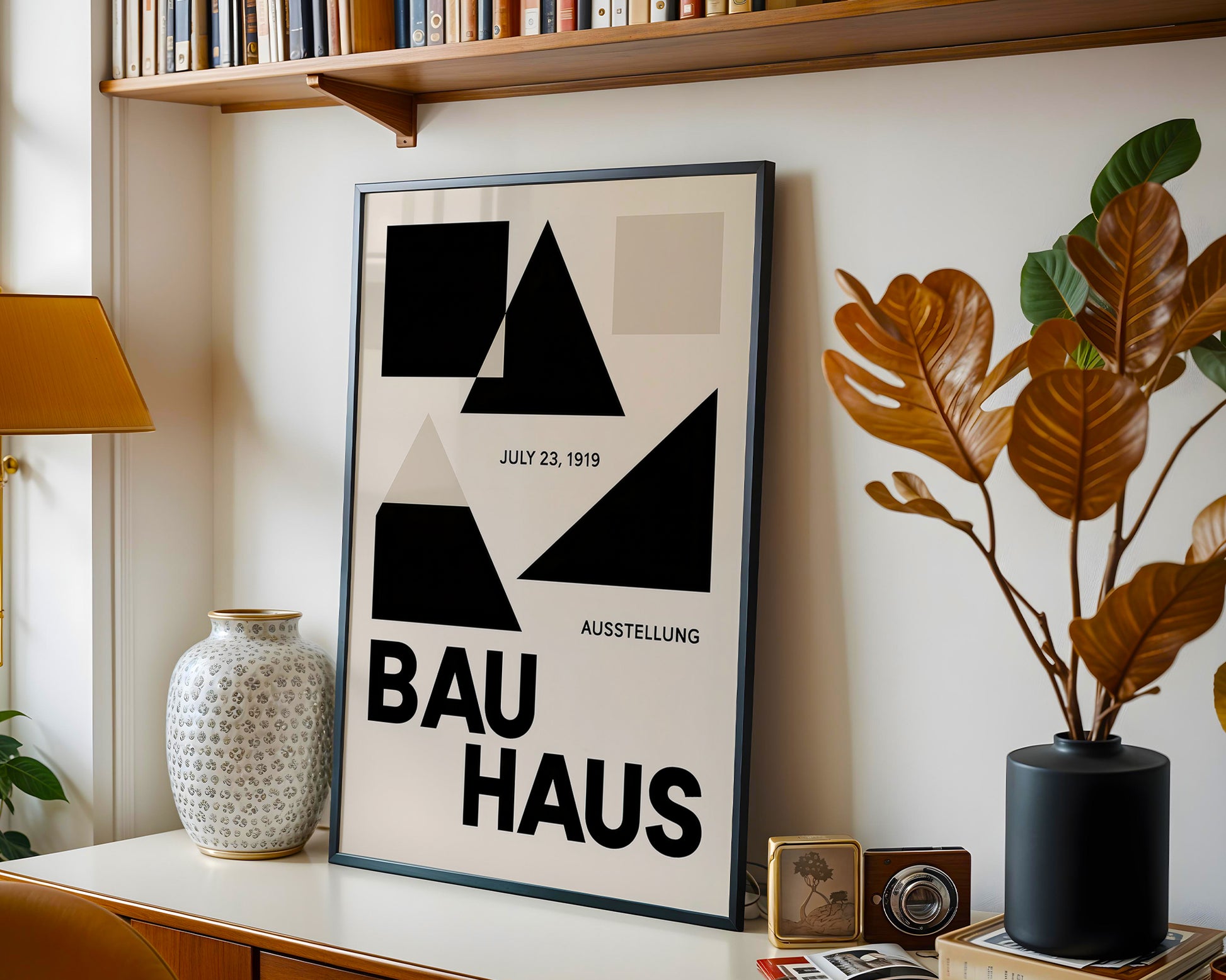 Framed Bauhaus poster in a Berlin Mid-century modern interior design space
