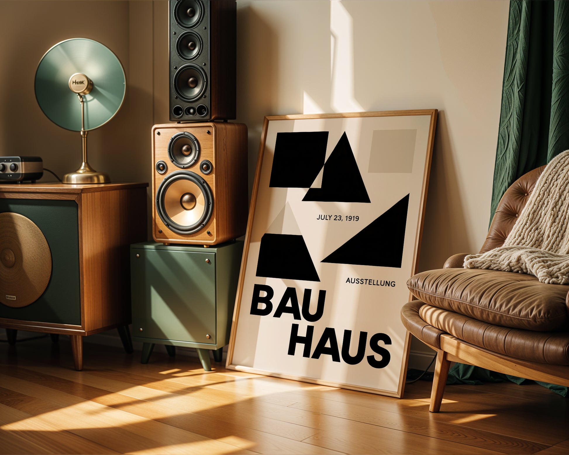 Room interior with vintage speakers, a lamp, and a Bauhaus poster on a wall.
