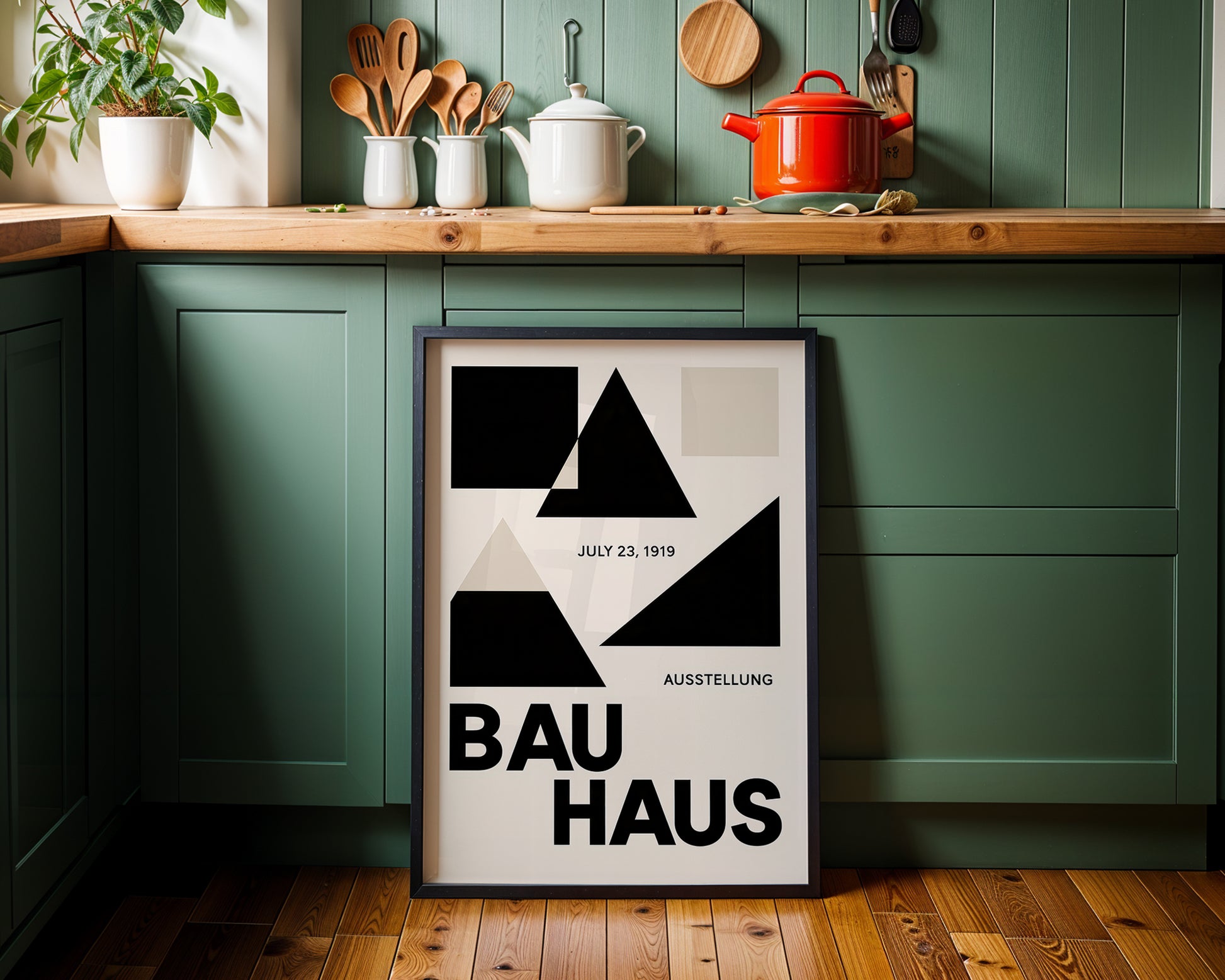 Framed Bauhaus poster on a kitchen wall with green cabinets and wooden countertops.