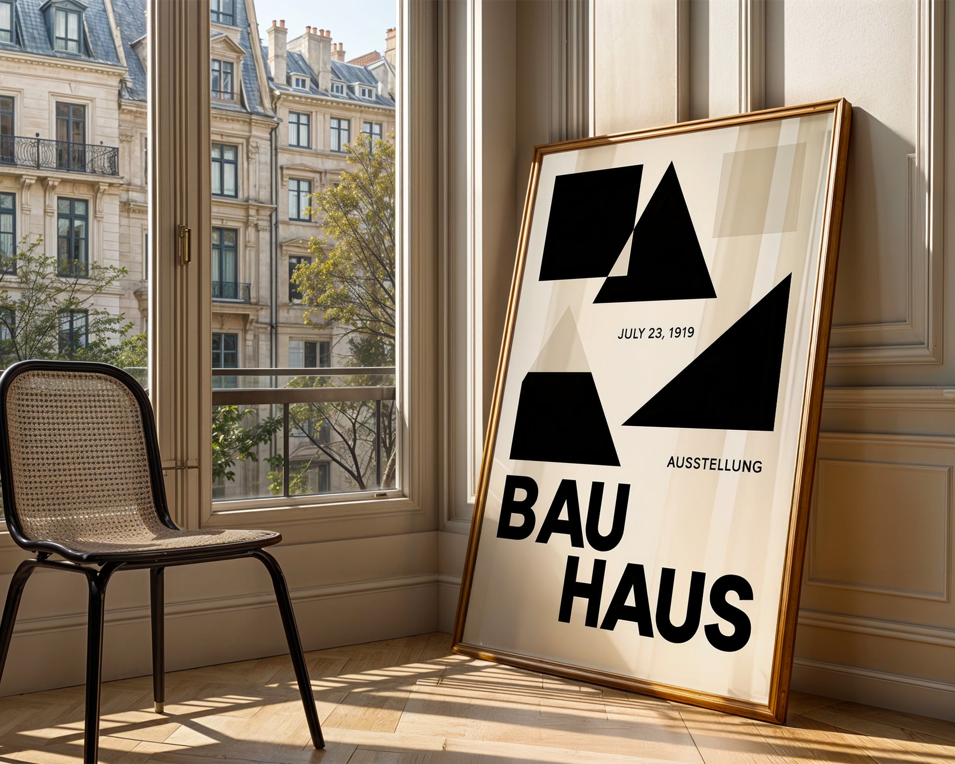 Framed Bauhaus poster leaning against a wall with a cityscape visible through a window.