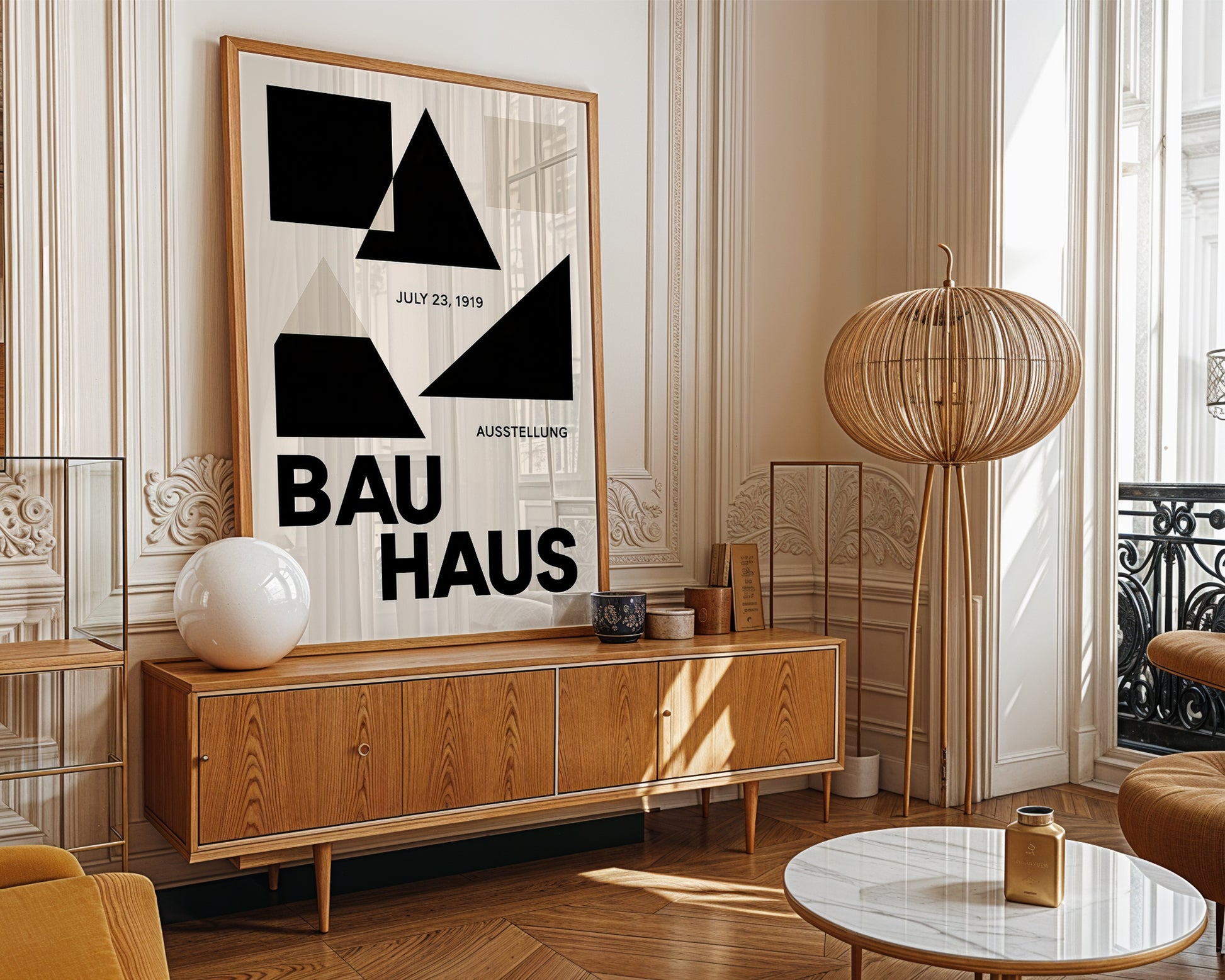 Modern living room with a 'Bauhaus' poster on a wall above a wooden cabinet.