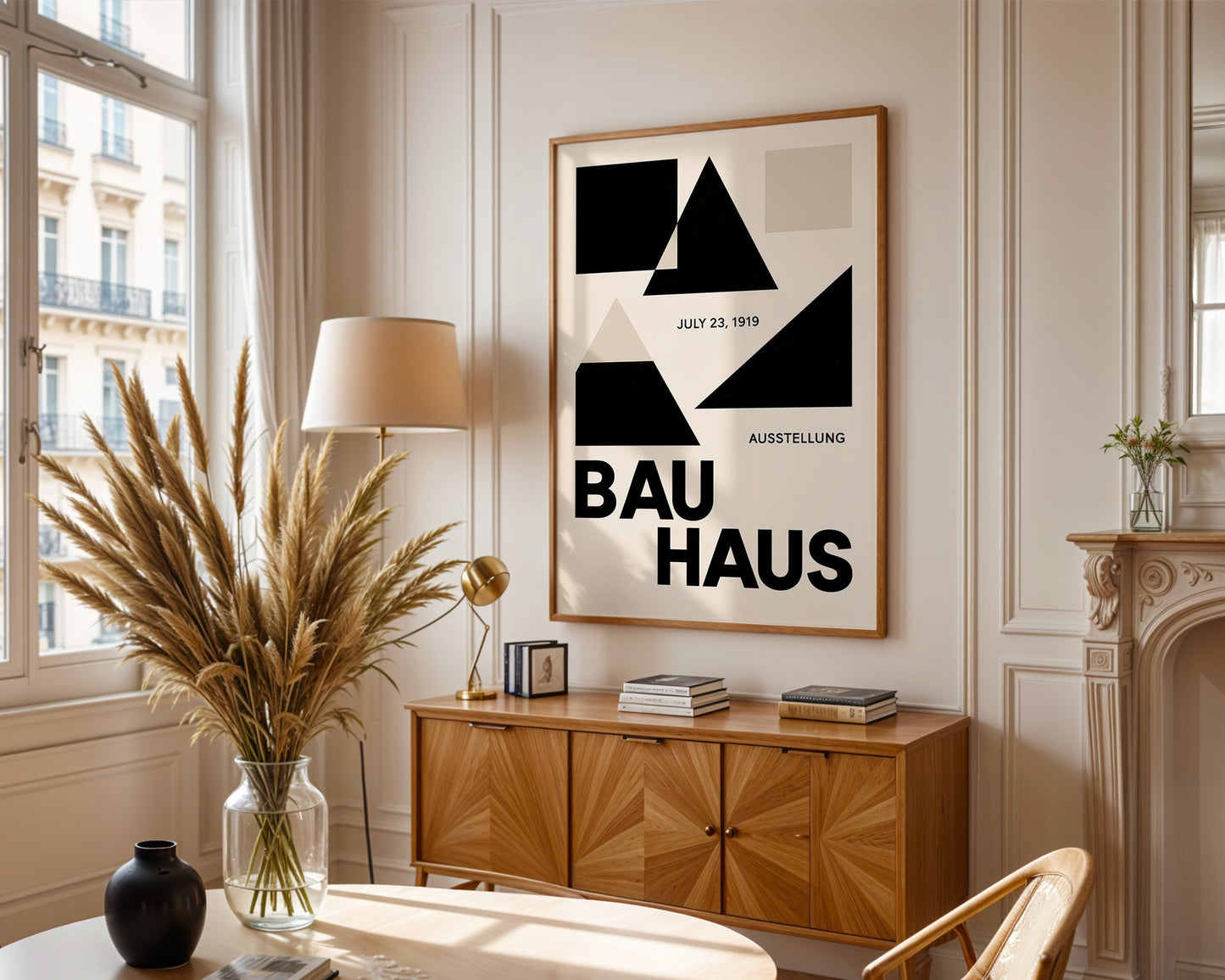Modern interior with a Bauhaus poster on the wall, wooden cabinet, and decorative items.